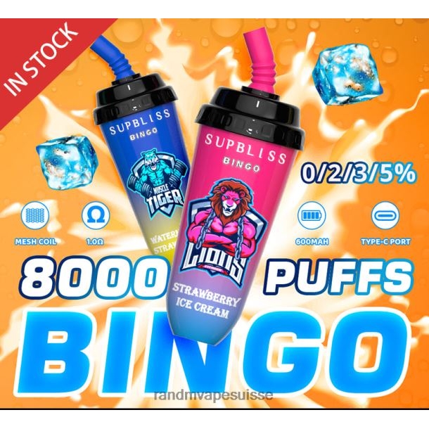 RandM Supbliss Bingo Appareil à dosettes de vape 8000 1 pièce glace à la fraise BXPBLD256 RandM Tornado Boutique